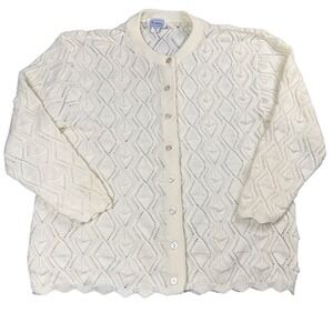 Brunny Pointelle‎ Cardigan Sweater Women Size 42 Large Vintage Grandmacore
